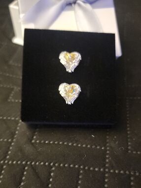 Silver Heart Stud Earrings with Yellow Crystal Accent